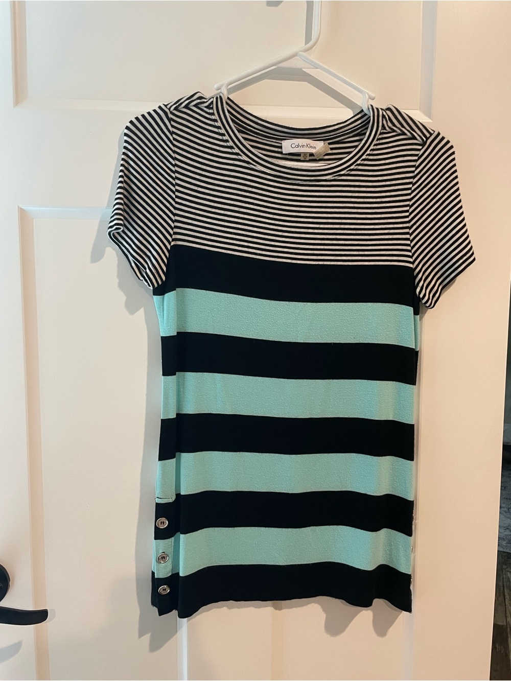 Calvin Klein Black & Mint Striped Short Sleeve Knit Tee
